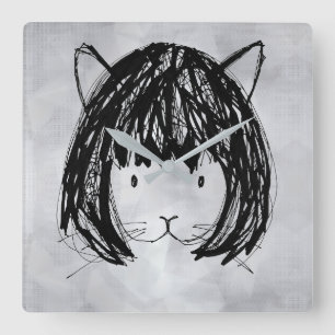 Reloj Cuadrado Gato Lindo con Peluca (Estilo 9 +BG) Arte Refinado