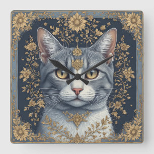 Reloj Cuadrado Gato majestuoso con detalles florales dorados orna