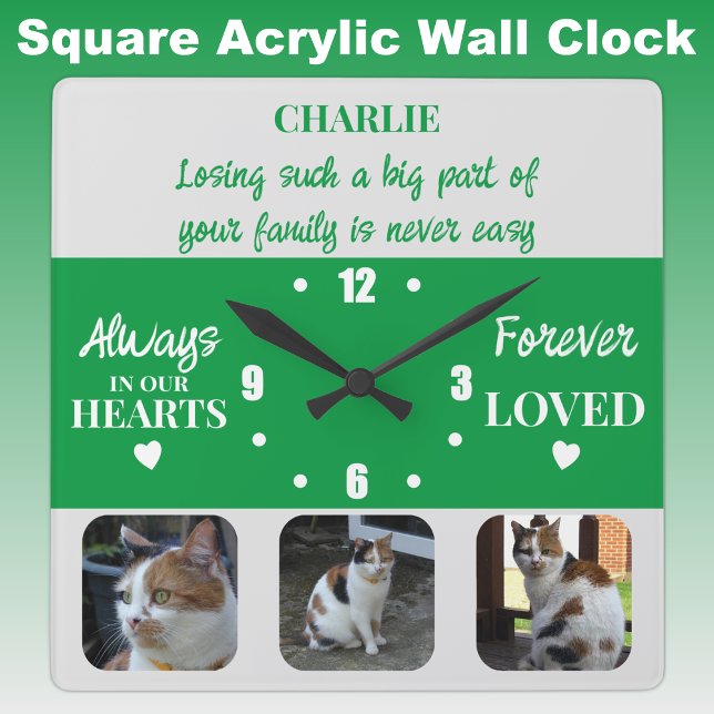 Reloj Cuadrado Gato mascota pérdida Keepsake Memorial verde (Subido por el creador)