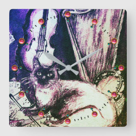 RELOJ CUADRADO GATO MUSICAL CON VIOLÍN OWL Y HARP