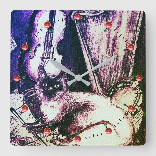 RELOJ CUADRADO GATO MUSICAL CON VIOLÍN OWL Y HARP (Anverso)