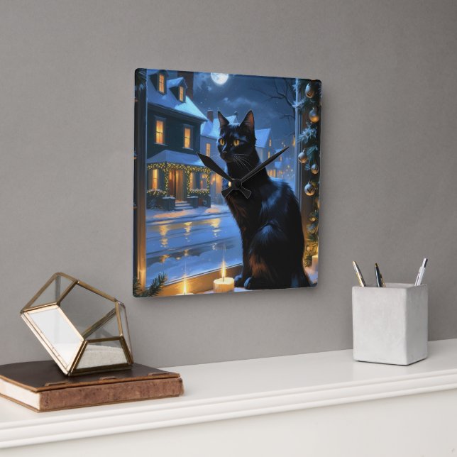 Reloj Cuadrado Gato Negro Con Luces De Navidad Fiesta (Oficina)