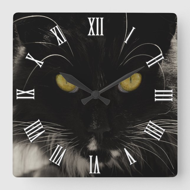 Reloj Cuadrado Gato negro con ojos amarillos, gatos de amor (Anverso)