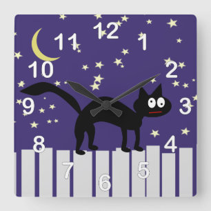 Reloj Cuadrado Gato negro de Halloween en la cerca