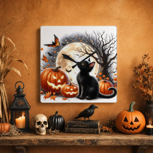 Reloj Cuadrado Gato negro de Halloween y calabazas ámbar rústico 