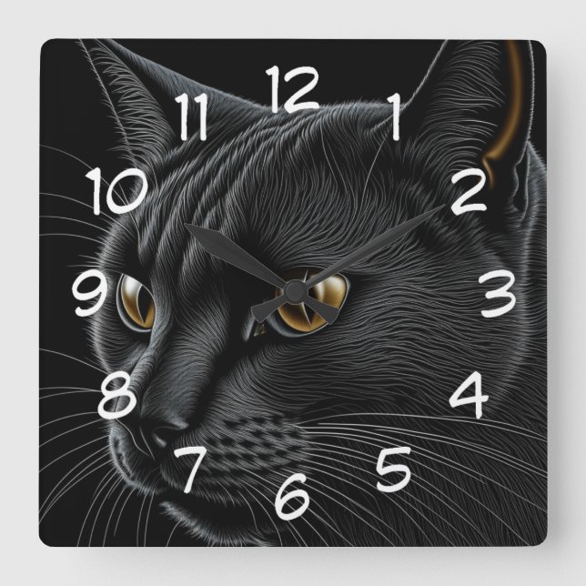 Reloj Cuadrado Gato negro de IA con ojos amarillos (Anverso)