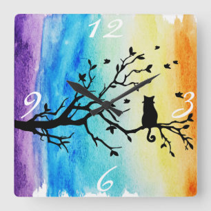Reloj Cuadrado Gato negro de la acuarela vibrante del arco iris
