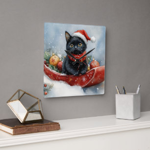Reloj Cuadrado Gato Negro en Trineo Deja que Nieve Navidad