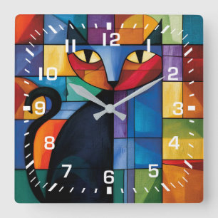 Reloj Cuadrado Gato negro geométrico en vidrio emplomado en cuadr