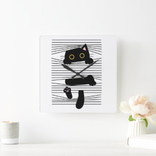 Reloj Cuadrado Gato Negro Oculto Divertido Lindo Minimalista Amor