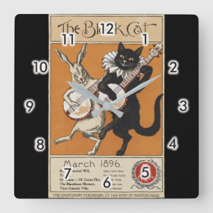 Reloj Cuadrado Gato negro que toca el banjo, artista desconocido