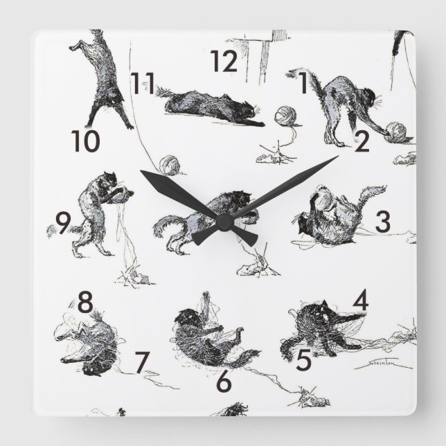 Reloj Cuadrado Gato negro y bola de lana del hilado, Alejandro (Anverso)