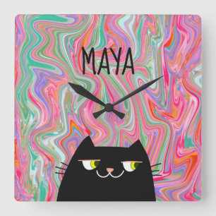 Reloj Cuadrado Gato Negro y Patrón Artístico Rosa con Monograma d