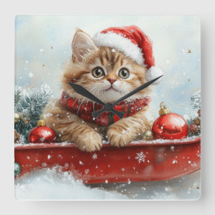Reloj Cuadrado Gato Persa en Trineo Deja que Nieve Navidad