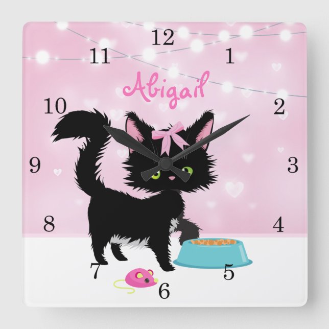 Reloj Cuadrado Gato personalizado rosa y gitano blanco gatito (Anverso)