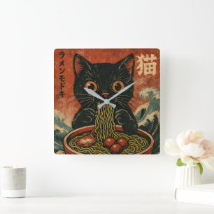 Reloj Cuadrado Gato Ramen japonés gracioso gráfico Kawaii Cat Ani
