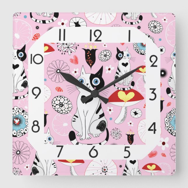 Reloj Cuadrado Gato rosa gracioso (Anverso)