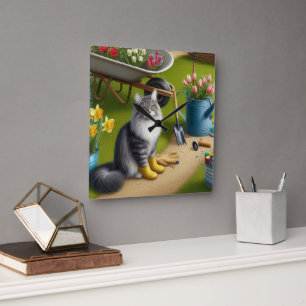 Reloj Cuadrado Gato sentado en jardín / Amante del jardín