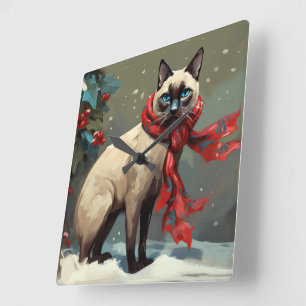 Reloj Cuadrado Gato siamés en Navidades de nieve