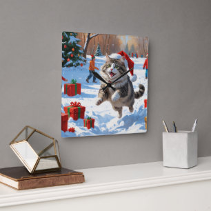Reloj Cuadrado Gato siberiano corriendo en nieve con Gorra Navida