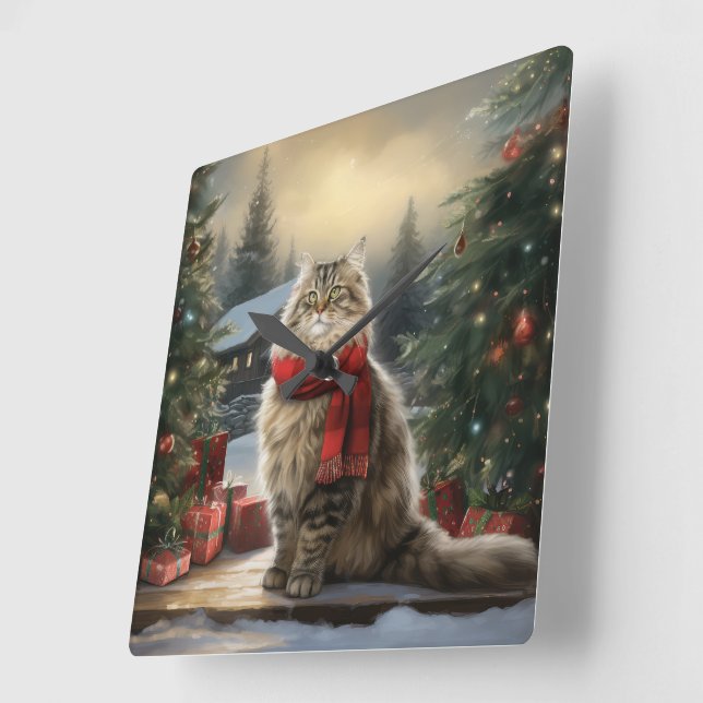 Reloj Cuadrado Gato siberiano en Navidades de nieve (Ángulo)