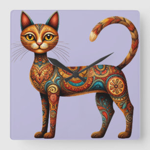 Reloj Cuadrado Gato tribal boho con arte popular y flores