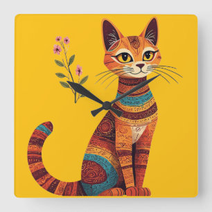 Reloj Cuadrado Gato tribal boho lindo arte popular con flores