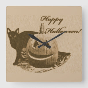 Reloj Cuadrado Gato y calabaza feliz Halloween