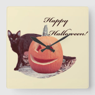 Reloj Cuadrado Gato y calabaza feliz Halloween