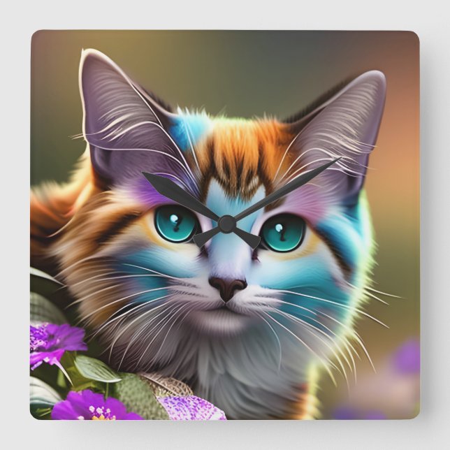 Reloj Cuadrado gato y flores de calico azul y óxido (Anverso)