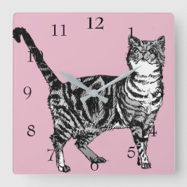 Reloj Cuadrado Gatos atigrados arte animal decoración pastel rosa