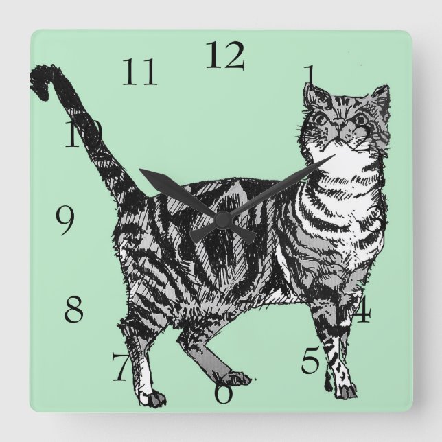 Reloj Cuadrado Gatos Atigrados Arte Animales Verde Menta Decoraci (Anverso)