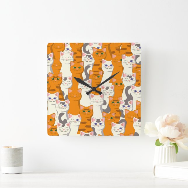 Reloj Cuadrado Gatos blancos y jengibre patrón ojos verdes ojos a (Hogar)