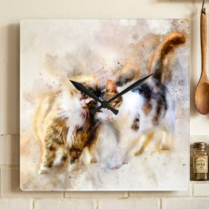 Reloj Cuadrado Gatos de Acuarela Acariciándose en Arte Abstracto 