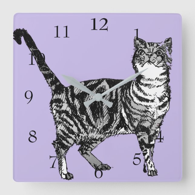 Reloj Cuadrado Gatos de Tabby Gatos Arte Pastel Animal Lavanda Pú (Anverso)