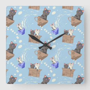 Reloj Cuadrado Gatos en caja y gotas de leche en azul
