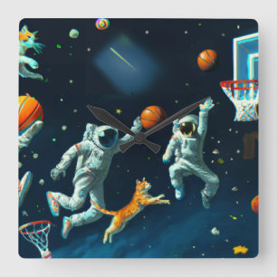 Reloj Cuadrado Gatos jugando básquetbol en el espacio con astrona