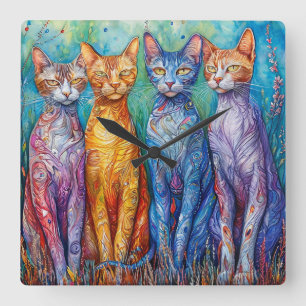Reloj Cuadrado Gatos lindos y coloridos pintando