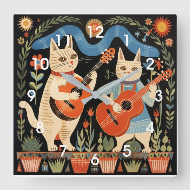Reloj Cuadrado Gatos musicales arte popular (Anverso)