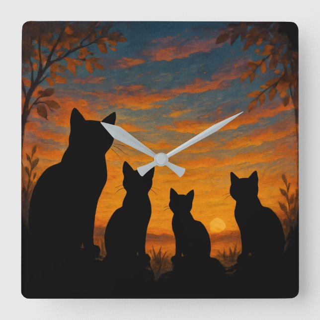 Reloj Cuadrado Gatos Ven el Atardecer (Anverso)