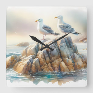 Reloj Cuadrado Gaviotas Costeras Acuarela Paisaje Marítimo
