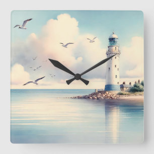 Reloj Cuadrado Gaviotas de faro costero Serenidad de cielo pastel