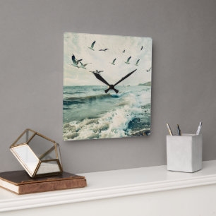 Reloj Cuadrado Gaviotas En Vuelo Sobre El Océano
