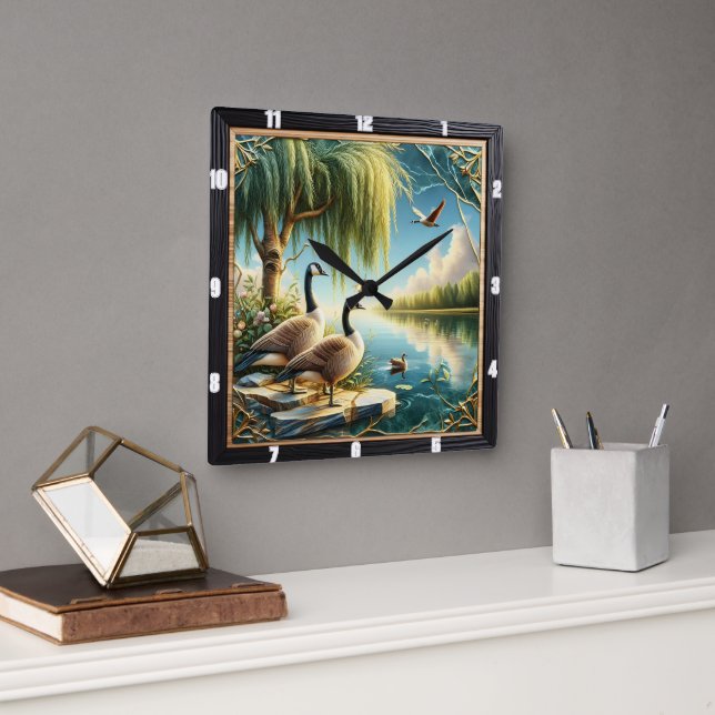 Reloj Cuadrado Geese y Ducks arrastran río Rústico Geese (Oficina)