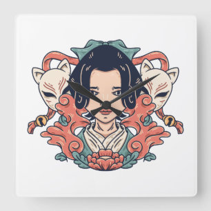 Reloj Cuadrado Geisha Y Kitsune