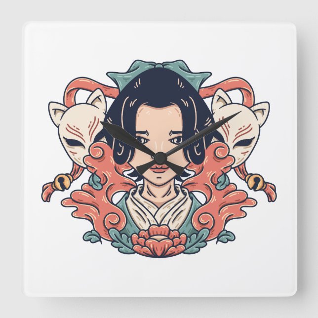 Reloj Cuadrado Geisha Y Kitsune (Anverso)
