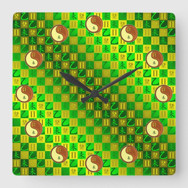 Reloj Cuadrado Géminis y Cabra de Madera (Anverso)