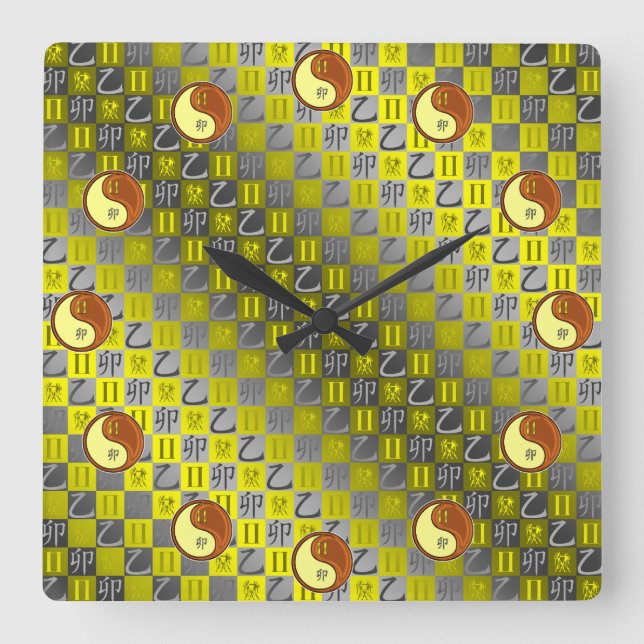 Reloj Cuadrado Géminis y Conejo de Madera (Anverso)