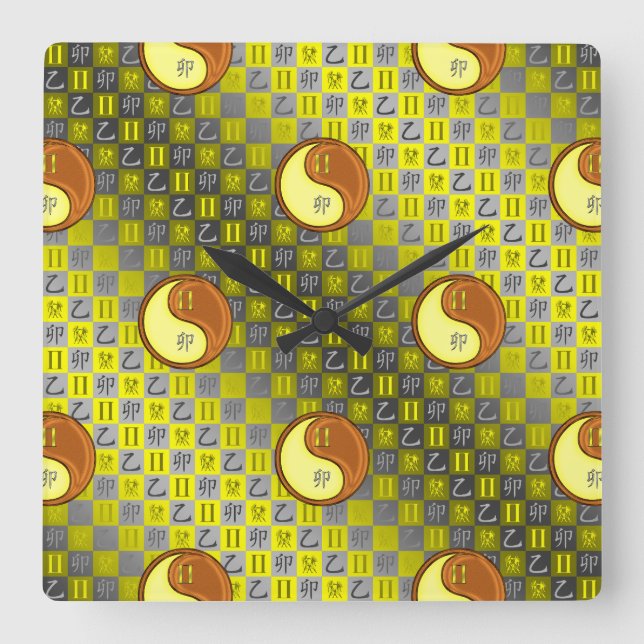 Reloj Cuadrado Géminis y Conejo de Madera (Anverso)