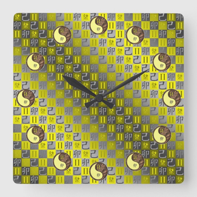 Reloj Cuadrado Géminis y Conejo de Tierra (Anverso)